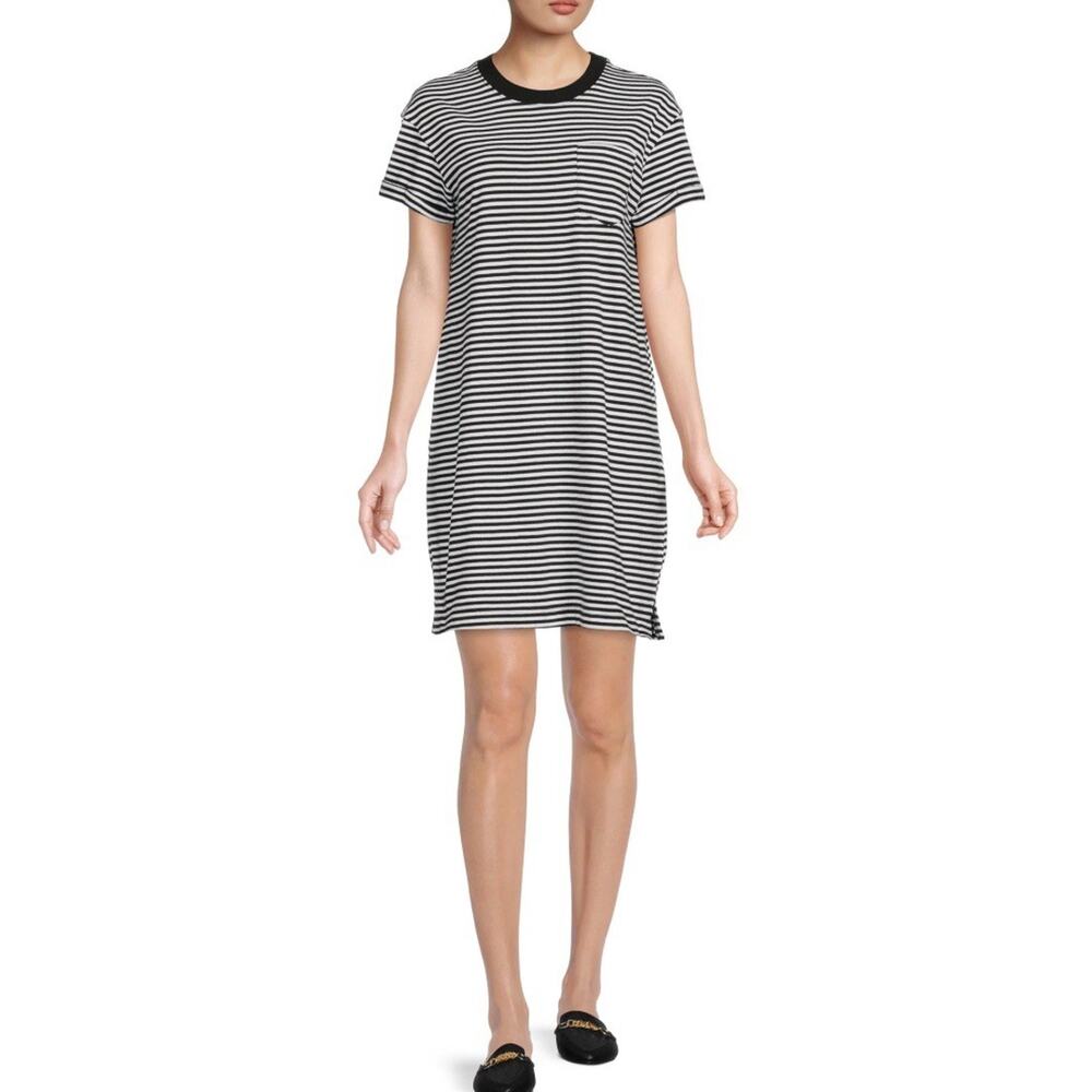 Time & Tru Women's Black & White Stripe T-Shirt Dress with Pocket Size S 4-6